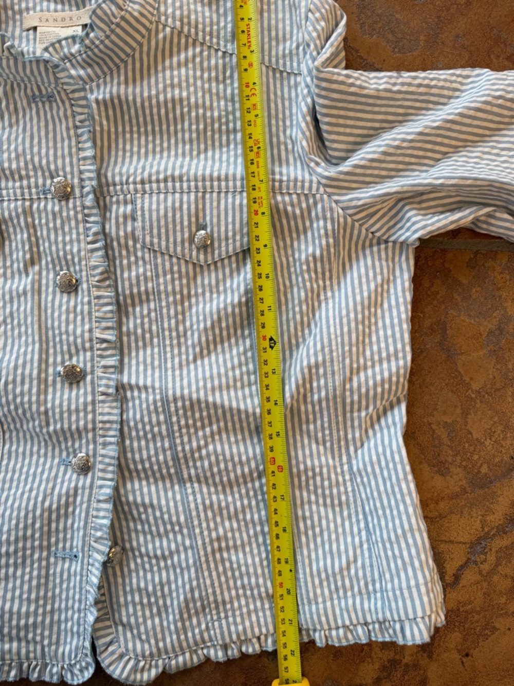 Sandro Women's Ruffled Seersucker Striped Cotton Button Up Blazer XL - Picture 7 of 8